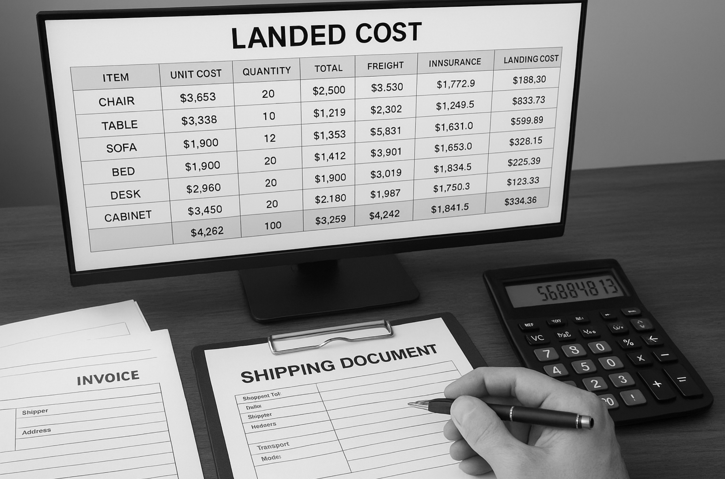 A financial professional performing an advanced landed cost furniture calculation