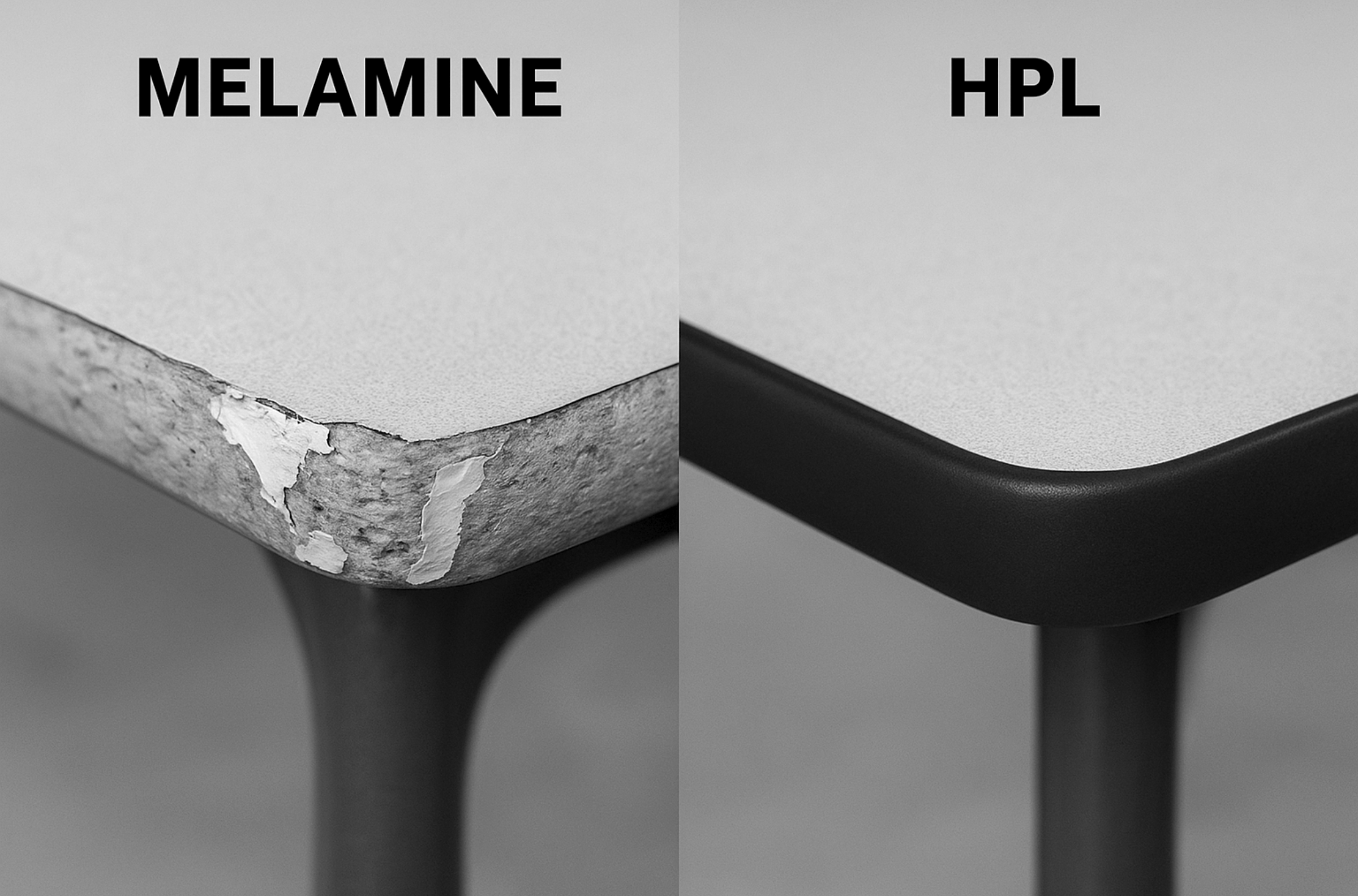 A comparison showing the durability of HPL vs. melamine for a school desk supplier.