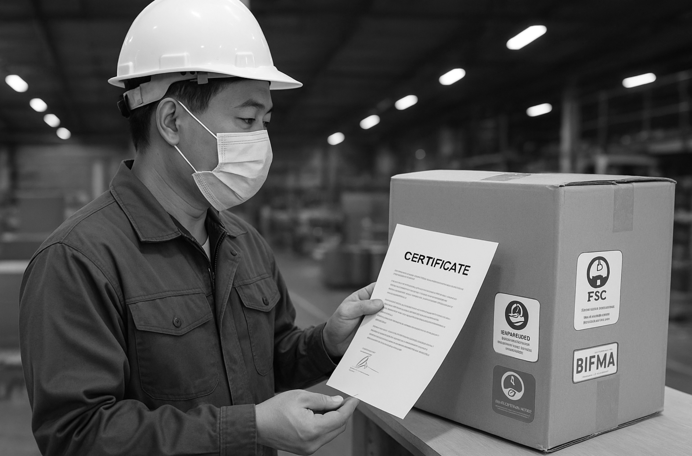 An inspector verifying furniture certification labels during a quality control check.